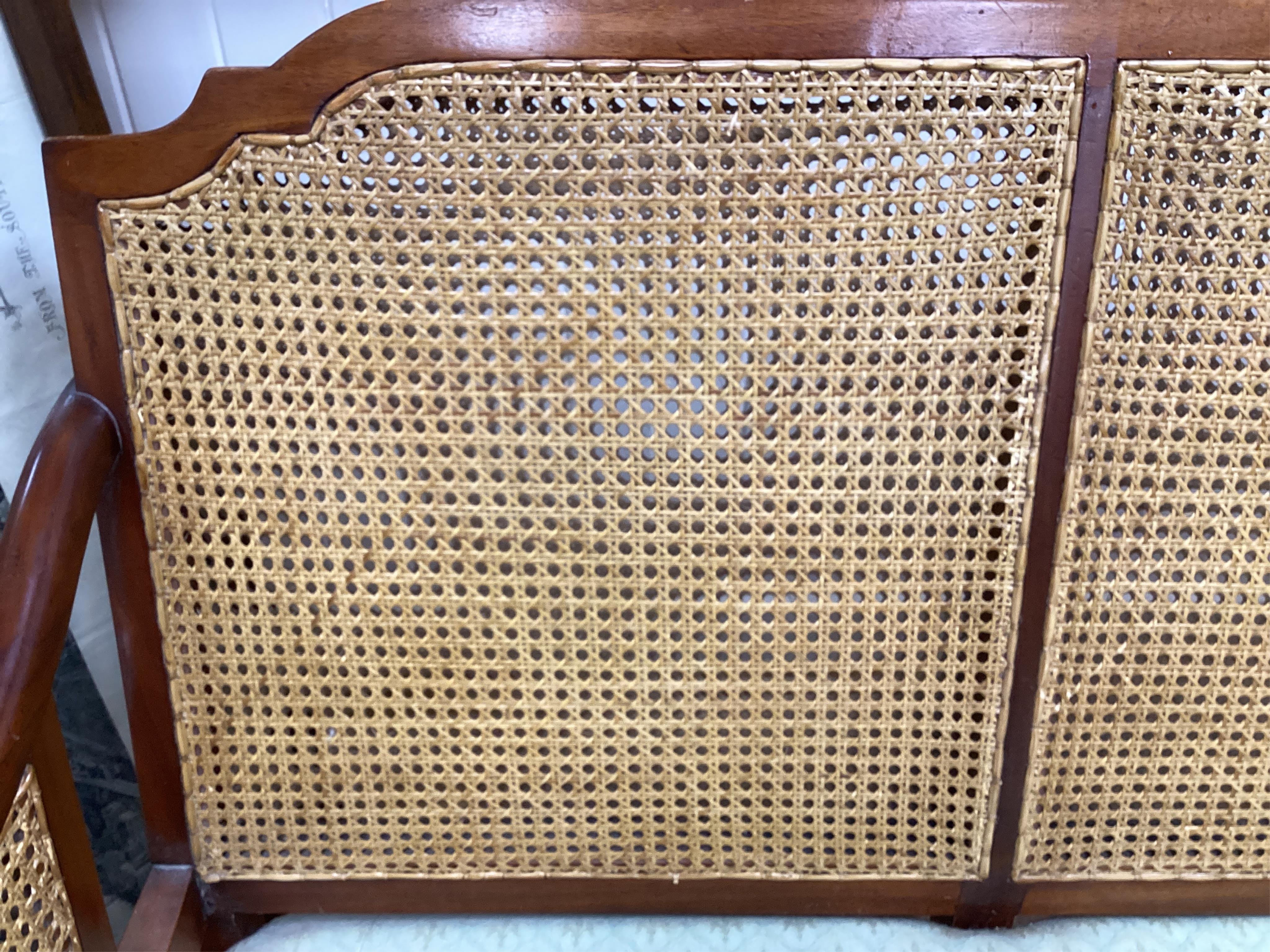 A mahogany double caned bergere settee with loose cushion seat and back, width 178cm, depth 78cm, height 87cm